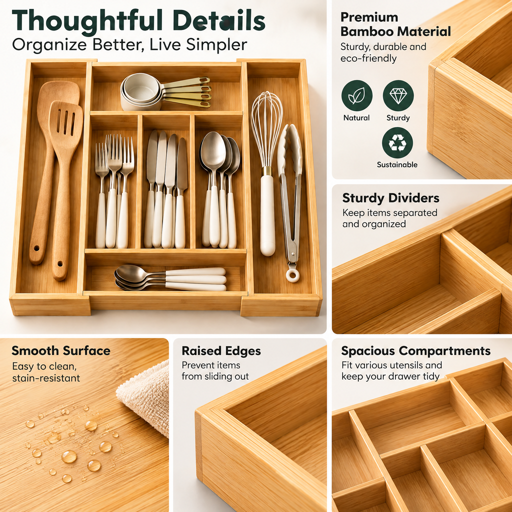 Vseruae™ Bamboo Expandable Utensil Organizer — feature details