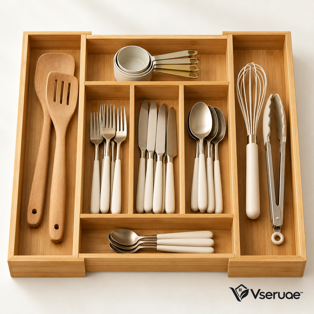 Vseruae™ Bamboo Expandable Utensil Organizer — branded hero