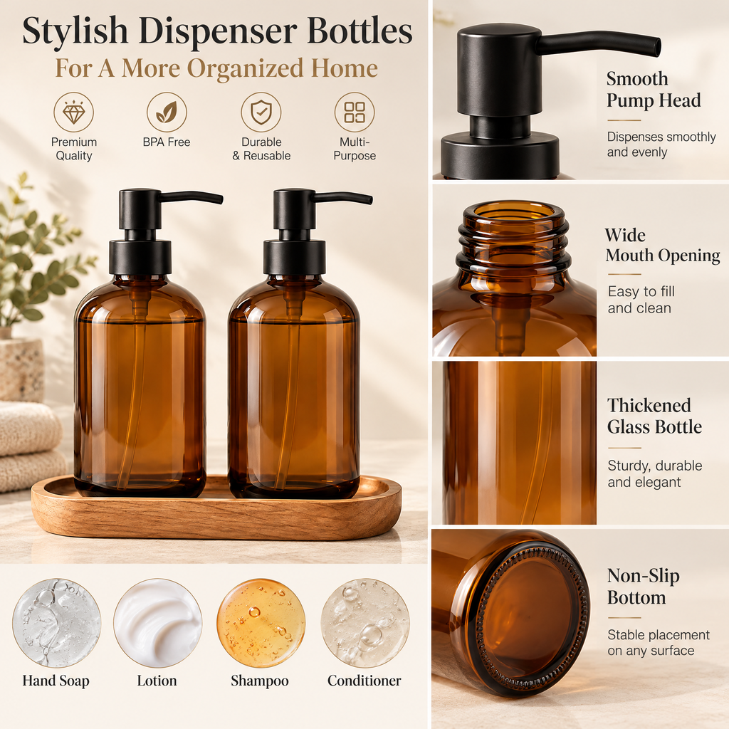 Vseruae™ Amber Glass Soap Dispenser Set — styled setting