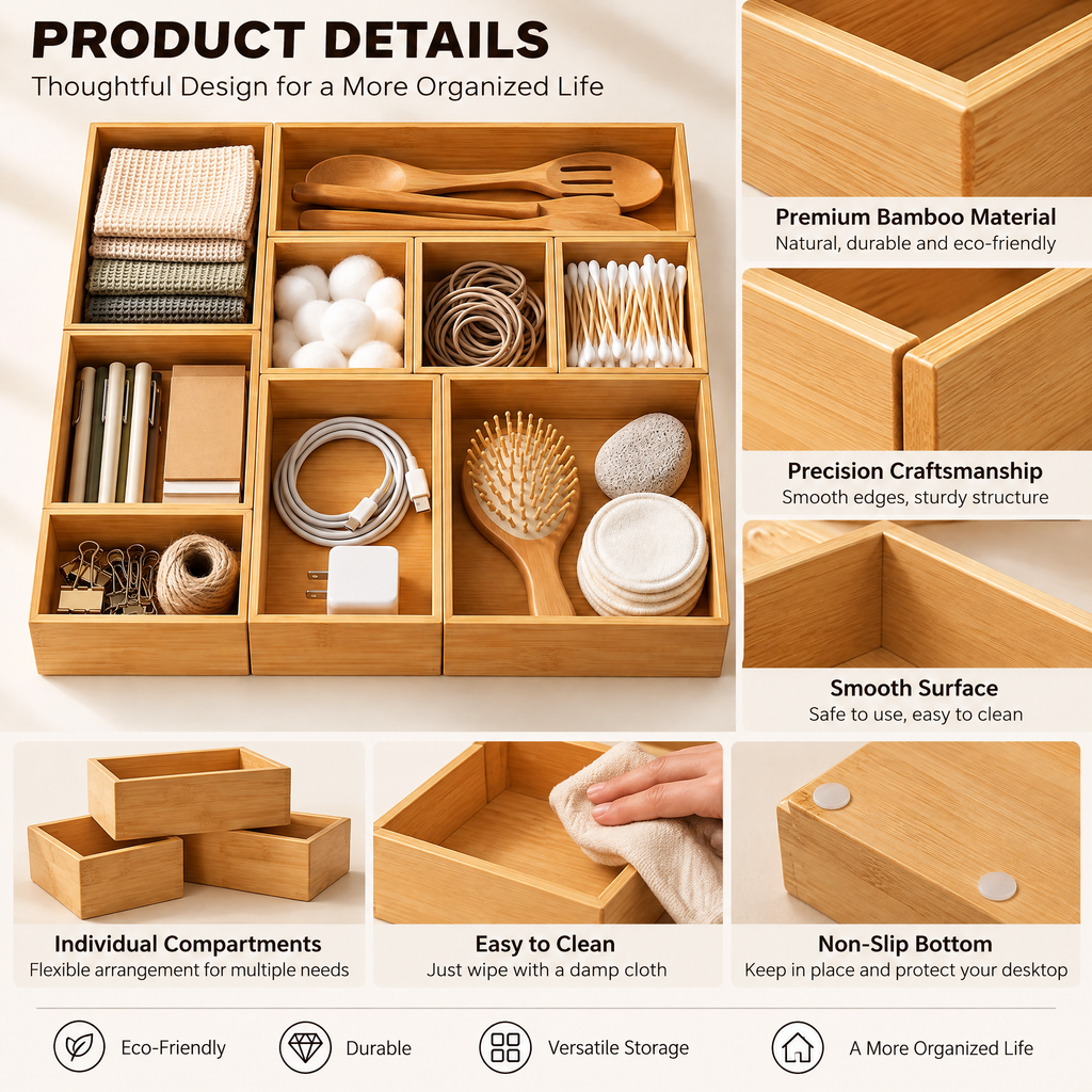 Vseruae™ Modular Bamboo Drawer Organizer Set — additional view