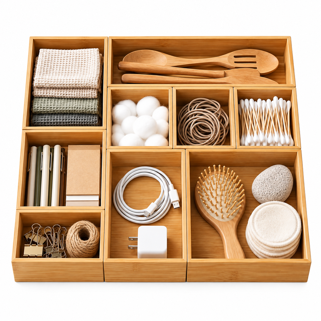 Vseruae™ Modular Bamboo Drawer Organizer Set — styled setting
